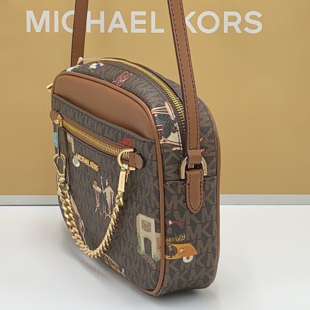 MICHAEL KORS JET SET GIRLS LARGE EAST WEST ZIP PACKED CHAIN XBODY BROWN MULTI - Picture 4 of 16
